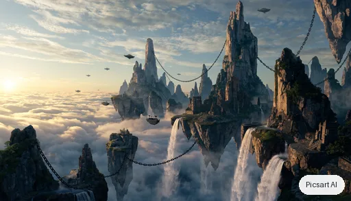 Recraft V4.1: Epic wide establishing shot of floating islands chained together above an endless sea of clouds, waterfalls spilling into the void, tiny airships, golden hour, matte painting style