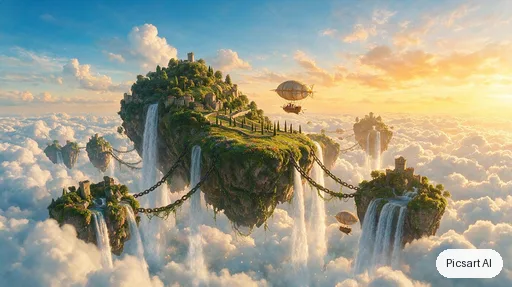 Seedream 5.0 Pro: Epic wide establishing shot of floating islands chained together above an endless sea of clouds, waterfalls spilling into the void, tiny airships, golden hour, matte painting style