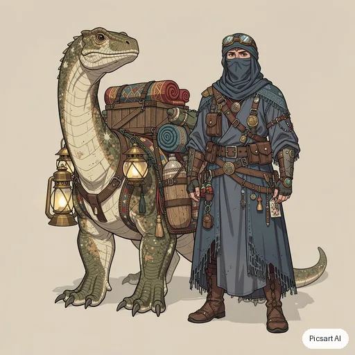 Flux 2 Pro: Character sheet style concept art of a desert nomad merchant with layered indigo robes, brass goggles and a pack lizard, neutral background, front view, detailed costume design