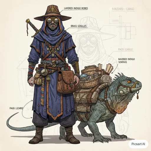 Nano Banana: Character sheet style concept art of a desert nomad merchant with layered indigo robes, brass goggles and a pack lizard, neutral background, front view, detailed costume design