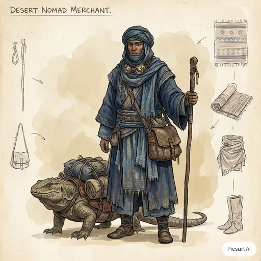 Nano Banana Pro: Character sheet style concept art of a desert nomad merchant with layered indigo robes, brass goggles and a pack lizard, neutral background, front view, detailed costume design