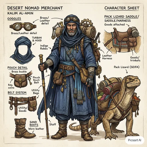 Nano Banana 2 output for: Character sheet style concept art of a desert nomad merchant with layered indigo robes, brass goggles and a pack lizard, neutral background, front view, detailed costume design