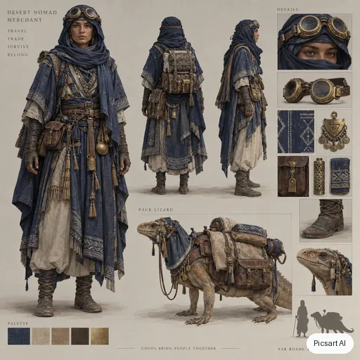 GPT Image 2.5 Sunburst: Character sheet style concept art of a desert nomad merchant with layered indigo robes, brass goggles and a pack lizard, neutral background, front view, detailed costume design
