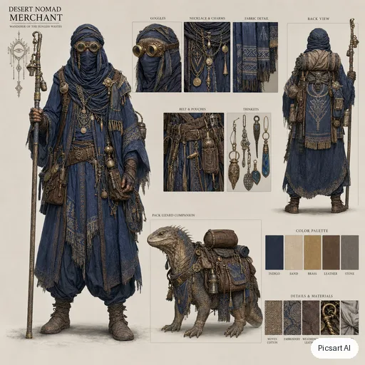 GPT Image 2: Character sheet style concept art of a desert nomad merchant with layered indigo robes, brass goggles and a pack lizard, neutral background, front view, detailed costume design
