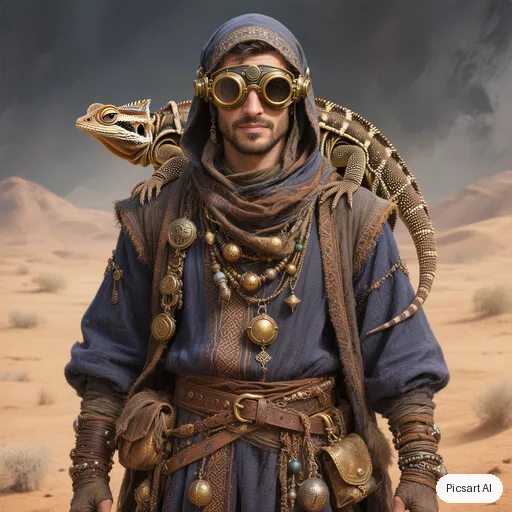 Hunyuan V3: Character sheet style concept art of a desert nomad merchant with layered indigo robes, brass goggles and a pack lizard, neutral background, front view, detailed costume design