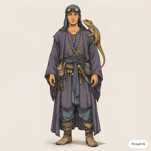 Ideogram 4.5: Character sheet style concept art of a desert nomad merchant with layered indigo robes, brass goggles and a pack lizard, neutral background, front view, detailed costume design