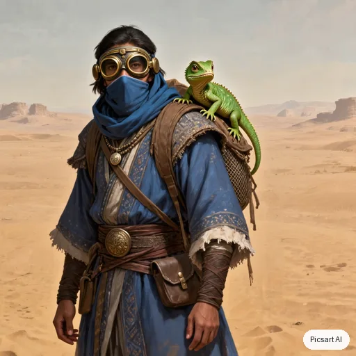 Kling 3.0 Image: Character sheet style concept art of a desert nomad merchant with layered indigo robes, brass goggles and a pack lizard, neutral background, front view, detailed costume design