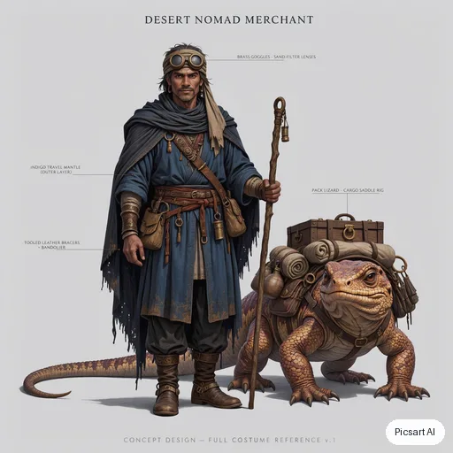 Luma UNI-1: Character sheet style concept art of a desert nomad merchant with layered indigo robes, brass goggles and a pack lizard, neutral background, front view, detailed costume design