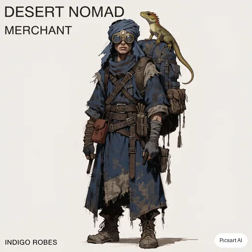 Recraft V4.1: Character sheet style concept art of a desert nomad merchant with layered indigo robes, brass goggles and a pack lizard, neutral background, front view, detailed costume design