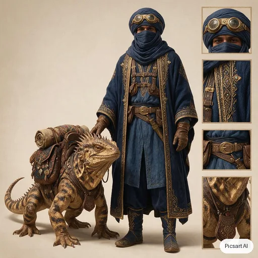 Seedream 5.0 Pro: Character sheet style concept art of a desert nomad merchant with layered indigo robes, brass goggles and a pack lizard, neutral background, front view, detailed costume design