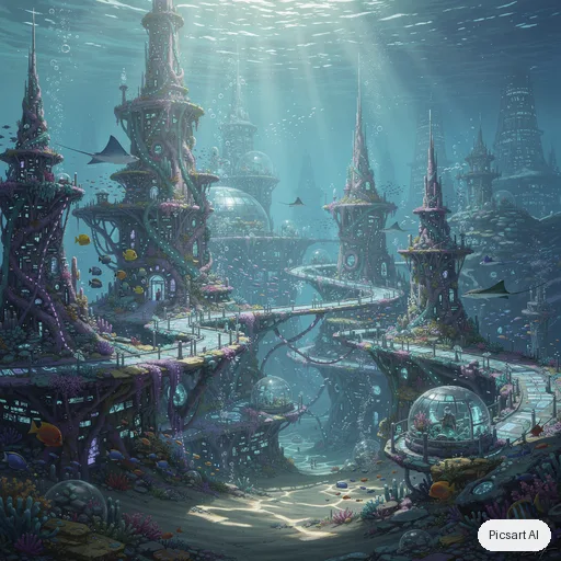 Flux 2 Pro: Underwater city carved into a coral reef, glowing bioluminescent streets, schools of fish between the towers, shafts of sunlight from above, highly detailed digital painting