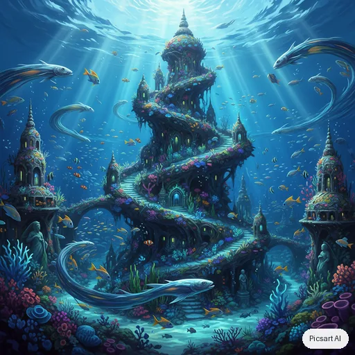 Nano Banana: Underwater city carved into a coral reef, glowing bioluminescent streets, schools of fish between the towers, shafts of sunlight from above, highly detailed digital painting
