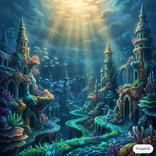 Nano Banana Pro: Underwater city carved into a coral reef, glowing bioluminescent streets, schools of fish between the towers, shafts of sunlight from above, highly detailed digital painting