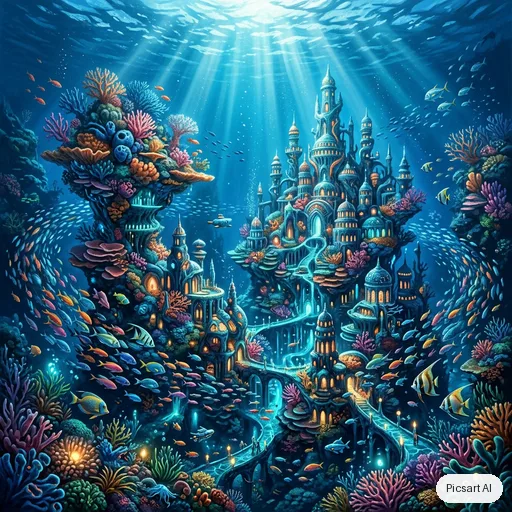 Nano Banana 2 output for: Underwater city carved into a coral reef, glowing bioluminescent streets, schools of fish between the towers, shafts of sunlight from above, highly detailed digital painting