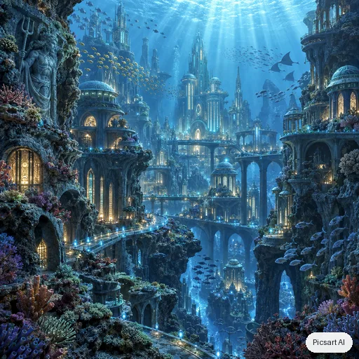 GPT Image 2.5 Sunburst: Underwater city carved into a coral reef, glowing bioluminescent streets, schools of fish between the towers, shafts of sunlight from above, highly detailed digital painting