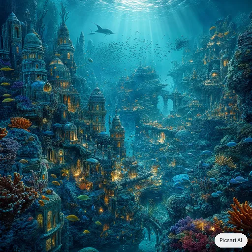 GPT Image 2: Underwater city carved into a coral reef, glowing bioluminescent streets, schools of fish between the towers, shafts of sunlight from above, highly detailed digital painting