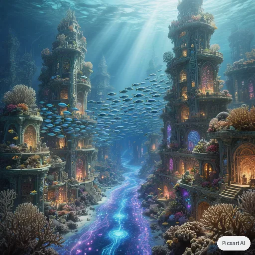 Hunyuan V3: Underwater city carved into a coral reef, glowing bioluminescent streets, schools of fish between the towers, shafts of sunlight from above, highly detailed digital painting