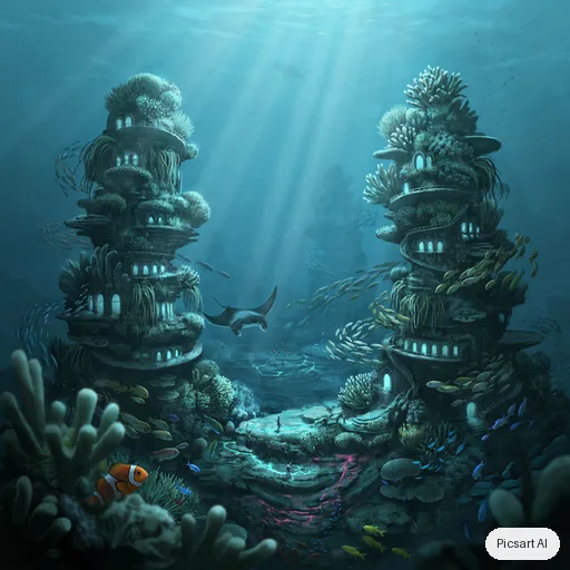 Ideogram 4.5: Underwater city carved into a coral reef, glowing bioluminescent streets, schools of fish between the towers, shafts of sunlight from above, highly detailed digital painting