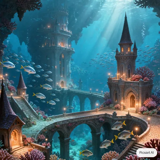 Kling 3.0 Image: Underwater city carved into a coral reef, glowing bioluminescent streets, schools of fish between the towers, shafts of sunlight from above, highly detailed digital painting