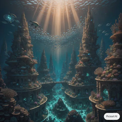 Luma UNI-1: Underwater city carved into a coral reef, glowing bioluminescent streets, schools of fish between the towers, shafts of sunlight from above, highly detailed digital painting