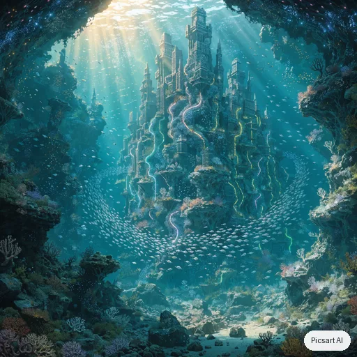 Recraft V4.1: Underwater city carved into a coral reef, glowing bioluminescent streets, schools of fish between the towers, shafts of sunlight from above, highly detailed digital painting