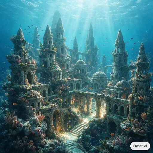Seedream 5.0 Pro: Underwater city carved into a coral reef, glowing bioluminescent streets, schools of fish between the towers, shafts of sunlight from above, highly detailed digital painting