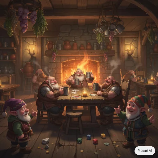 Flux 2 Pro: cozy fantasy tavern interior, dwarves and gnomes laughing by a huge fireplace, hanging herbs, warm candlelight, game art style