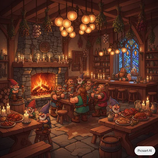 Nano Banana: cozy fantasy tavern interior, dwarves and gnomes laughing by a huge fireplace, hanging herbs, warm candlelight, game art style