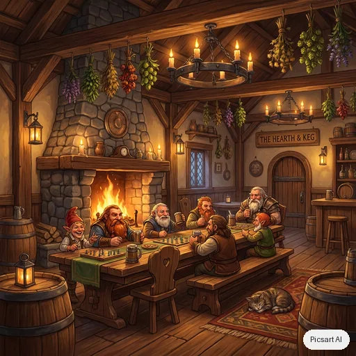 Nano Banana Pro: cozy fantasy tavern interior, dwarves and gnomes laughing by a huge fireplace, hanging herbs, warm candlelight, game art style