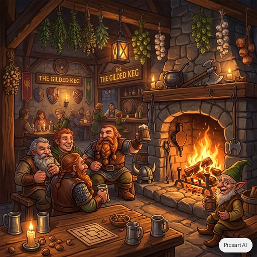 Nano Banana 2: cozy fantasy tavern interior, dwarves and gnomes laughing by a huge fireplace, hanging herbs, warm candlelight, game art style
