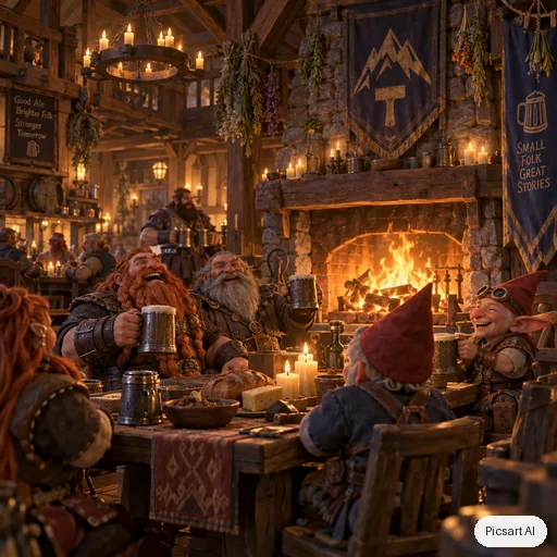 GPT Image 2.5 Sunburst: cozy fantasy tavern interior, dwarves and gnomes laughing by a huge fireplace, hanging herbs, warm candlelight, game art style