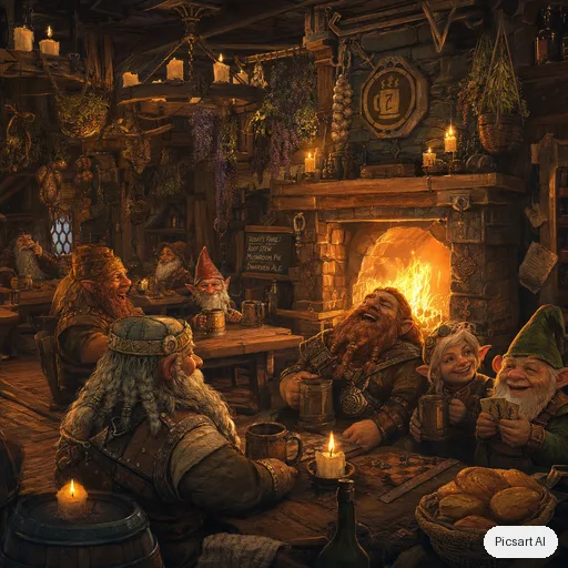 GPT Image 2: cozy fantasy tavern interior, dwarves and gnomes laughing by a huge fireplace, hanging herbs, warm candlelight, game art style