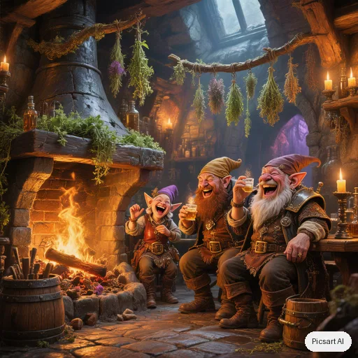 Hunyuan V3: cozy fantasy tavern interior, dwarves and gnomes laughing by a huge fireplace, hanging herbs, warm candlelight, game art style