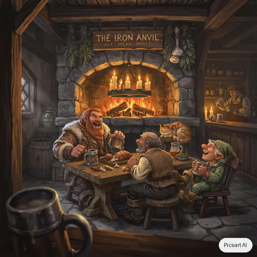 Ideogram 4.5: cozy fantasy tavern interior, dwarves and gnomes laughing by a huge fireplace, hanging herbs, warm candlelight, game art style
