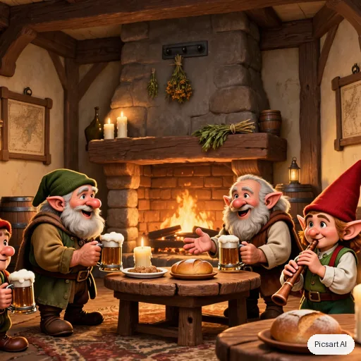 Kling 3.0 Image: cozy fantasy tavern interior, dwarves and gnomes laughing by a huge fireplace, hanging herbs, warm candlelight, game art style