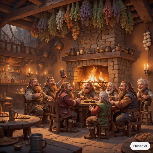 Luma UNI-1: cozy fantasy tavern interior, dwarves and gnomes laughing by a huge fireplace, hanging herbs, warm candlelight, game art style