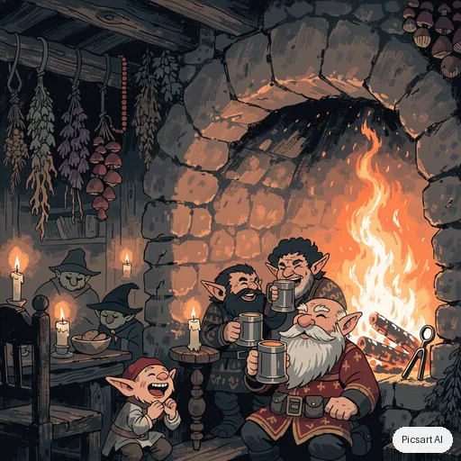 Recraft V4.1: cozy fantasy tavern interior, dwarves and gnomes laughing by a huge fireplace, hanging herbs, warm candlelight, game art style