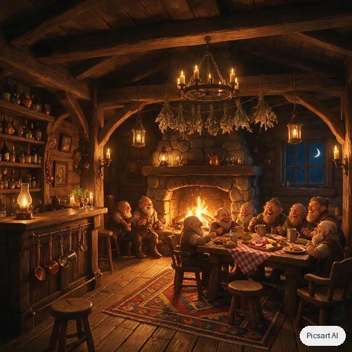 Seedream 5.0 Pro: cozy fantasy tavern interior, dwarves and gnomes laughing by a huge fireplace, hanging herbs, warm candlelight, game art style