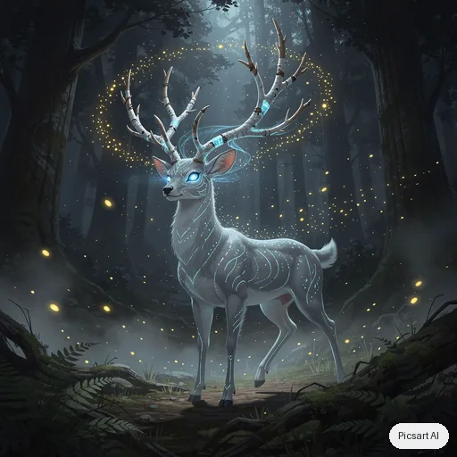 Flux 2 Pro: Forest spirit creature design: a deer-like being with antlers made of birch branches and glowing blue eyes, surrounded by fireflies in a dark forest, ethereal, game concept art