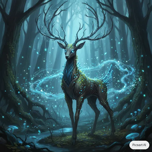 Nano Banana: Forest spirit creature design: a deer-like being with antlers made of birch branches and glowing blue eyes, surrounded by fireflies in a dark forest, ethereal, game concept art