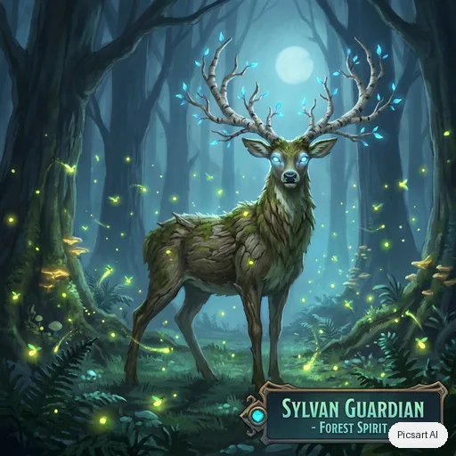 Nano Banana Pro: Forest spirit creature design: a deer-like being with antlers made of birch branches and glowing blue eyes, surrounded by fireflies in a dark forest, ethereal, game concept art