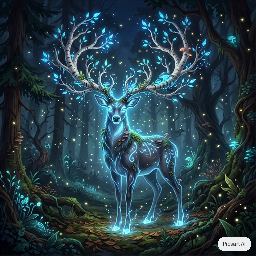 Nano Banana 2 output for: Forest spirit creature design: a deer-like being with antlers made of birch branches and glowing blue eyes, surrounded by fireflies in a dark forest, ethereal, game concept art