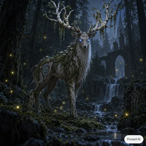 GPT Image 2.5 Sunburst: Forest spirit creature design: a deer-like being with antlers made of birch branches and glowing blue eyes, surrounded by fireflies in a dark forest, ethereal, game concept art