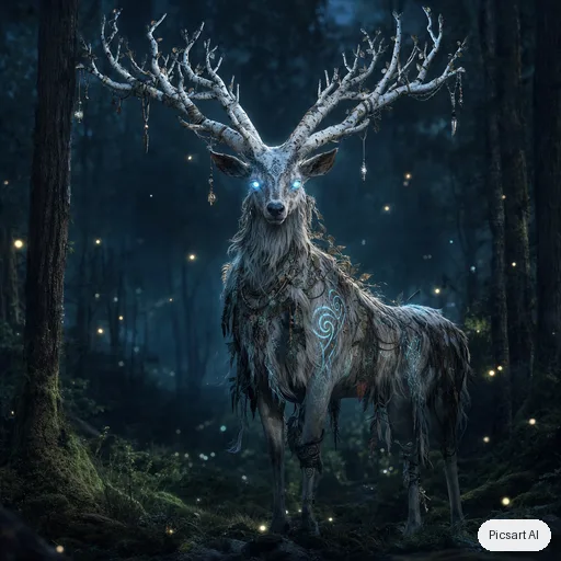 GPT Image 2: Forest spirit creature design: a deer-like being with antlers made of birch branches and glowing blue eyes, surrounded by fireflies in a dark forest, ethereal, game concept art