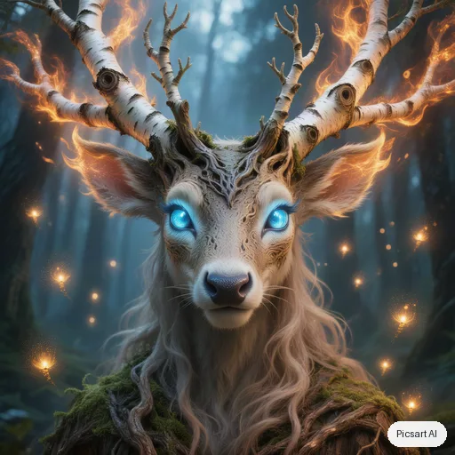 Hunyuan V3: Forest spirit creature design: a deer-like being with antlers made of birch branches and glowing blue eyes, surrounded by fireflies in a dark forest, ethereal, game concept art