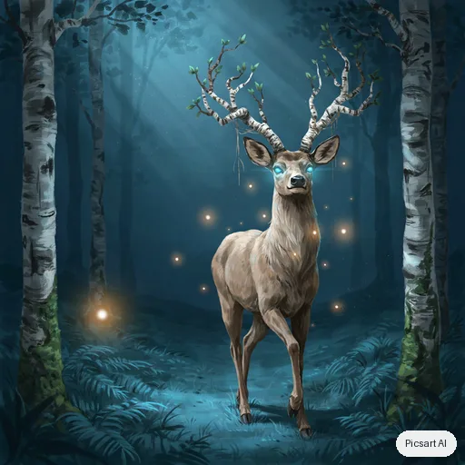 Ideogram 4.5: Forest spirit creature design: a deer-like being with antlers made of birch branches and glowing blue eyes, surrounded by fireflies in a dark forest, ethereal, game concept art