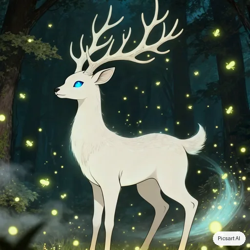 Kling 3.0 Image: Forest spirit creature design: a deer-like being with antlers made of birch branches and glowing blue eyes, surrounded by fireflies in a dark forest, ethereal, game concept art