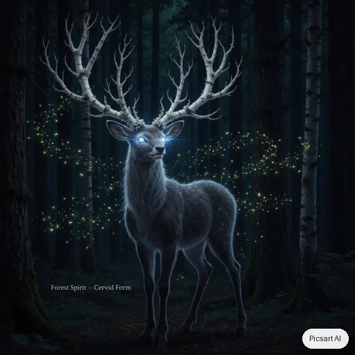 Luma UNI-1: Forest spirit creature design: a deer-like being with antlers made of birch branches and glowing blue eyes, surrounded by fireflies in a dark forest, ethereal, game concept art