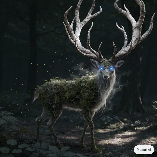 Recraft V4.1: Forest spirit creature design: a deer-like being with antlers made of birch branches and glowing blue eyes, surrounded by fireflies in a dark forest, ethereal, game concept art