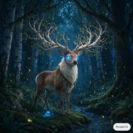 Seedream 5.0 Pro: Forest spirit creature design: a deer-like being with antlers made of birch branches and glowing blue eyes, surrounded by fireflies in a dark forest, ethereal, game concept art